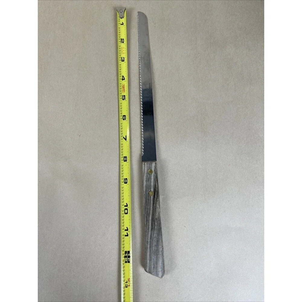 Vintage Stainless Steel Japan Bread Knife 13” L Serrated 8” Blade Wood‎ Handle